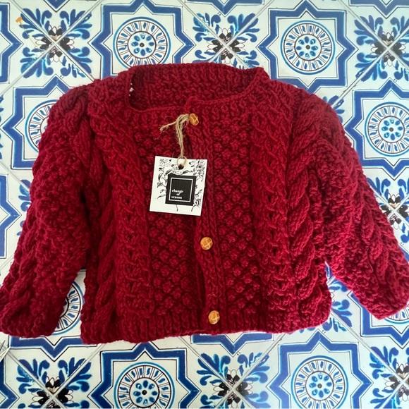 Hand Crafted Other - Hand Crafted cardigan sweater popcorn knit unisex cranberry red 12-18 month